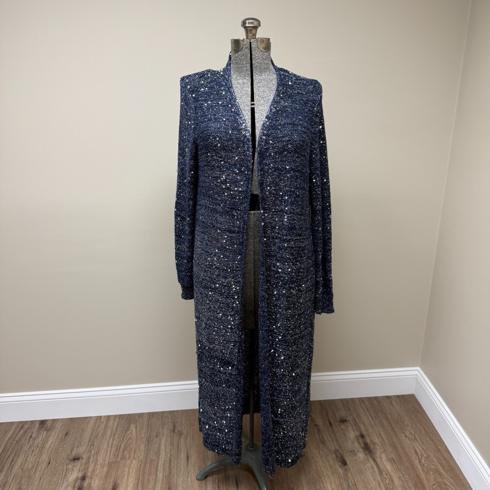 White House Black Market Sequin Duster Cardigan Womens XL Blue Sparkly Elegant